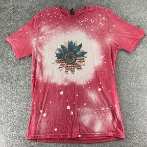 Gildan Short Sleeve Shirt Red White Bleach Sunflower USA America Womens M